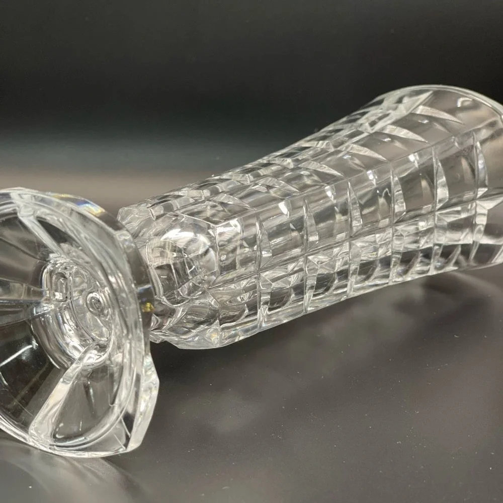 Vintage Clear Pressed Glass Footed Trumpet Bud Vase Cube Block Pattern 8.5”